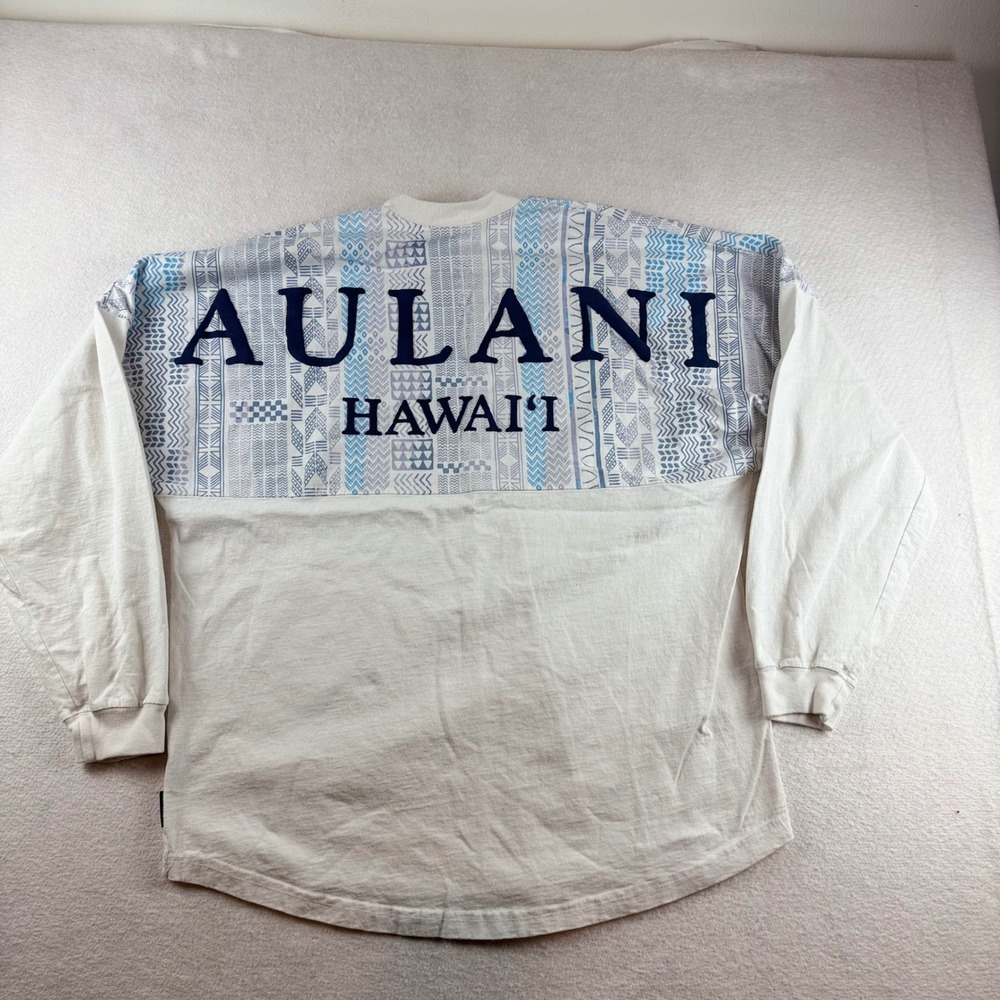 Disney Aulani Hawaii Spirit Jersey White Blue Tribal Print Long Sleeve Large